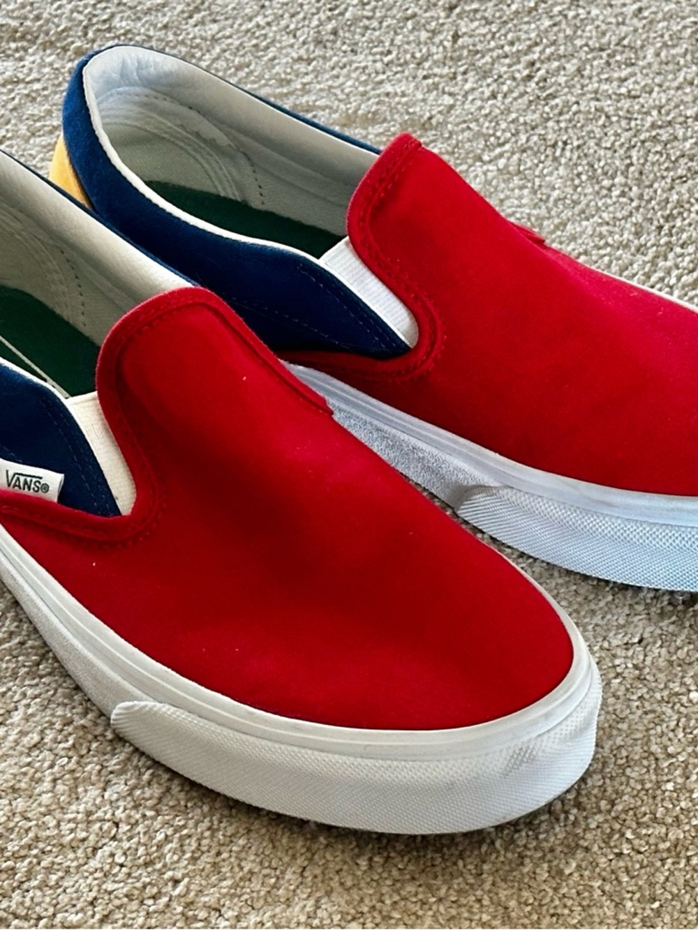 Vans Slip-On in Red with Navy and Yellow Accents